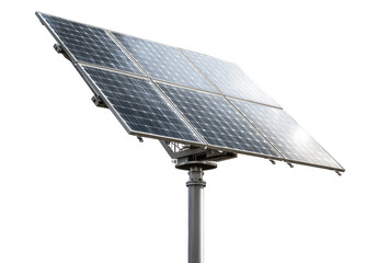 Solar panel array mounted on a metal pole.  Gridded dark panels tilted, angled to the sun.  Modern, industrial