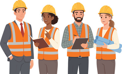 Team of four construction workers or engineers in safety vests and hard hats discussing plans