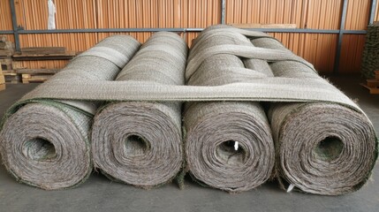 Large rolls of woven binding straps stacked and ready for industrial use