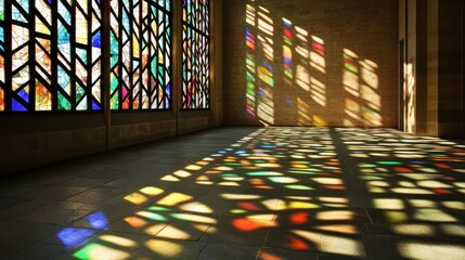 Sunlight casts colorful stained glass patterns on a stone floor and wall inside a building