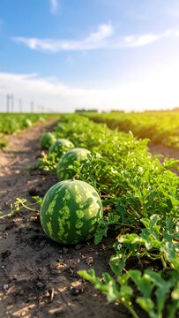 A perspective shot of a sunlit watermelon patch in a field. Watermelons, vine and dirt rows, and green vegetation are visible under a blue sky