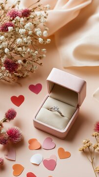 Open engagement ring box with diamond ring surrounded by flowers and paper hearts on soft pastel background. Concept of proposal, love promise, romance, commitment and valentine celebration