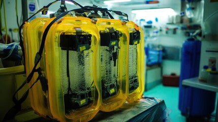 Transparent yellow water filter devices with complex internal mechanisms in a laboratory setting