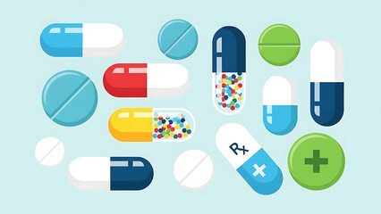 A collection of colorful pills and capsules on a light blue background