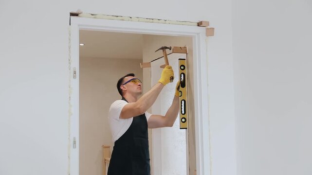 Worker installing a new door frame in a house, using a hammer to adjust shims and checking level with a spirit level