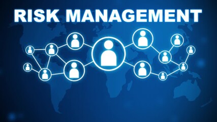 Risk Management concept on blue background with world map and social icons. Social network connections, Connected people nodes, and global communication concept. 4K video animation - Powered by Adobe
