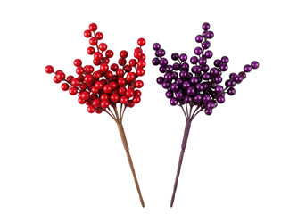 Hyper-realistic macro photograph of artificial botanical sprigs with glossy crimson red and dark purple berries and twine-wrapped stems on a clean gray background. Concept for e-commerce product
