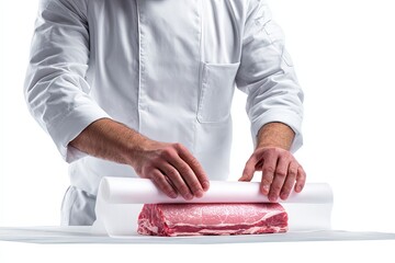 Meat Preparation: A culinary expert, clad in a crisp chef's attire, meticulously wraps a prime cut of raw meat, highlighting the care and precision involved in the art of gastronomy. 