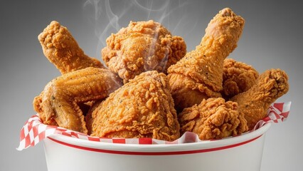 Steaming hot fried chicken pieces in a bucket with red and white checkered paper