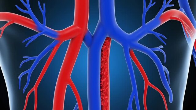 Detailed illustration of human anatomy focusing on the aorta and pulmonary arteries with a dark blue gradient background.
