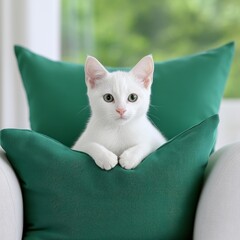 A cute white cat peeks out from between green cushions on a chair.