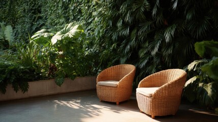 Pair of wicker armchairs on a concrete floor in a tropical garden. the chairs are facing each other and have a curved backrest and armrests.