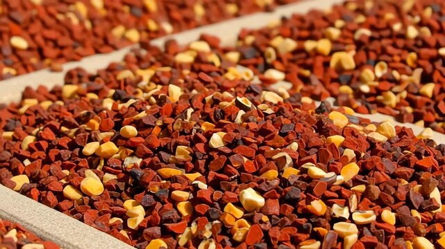 Close-up of sun-dried chili peppers on drying racks outdoors