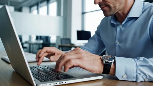 Man typing on laptop in modern office