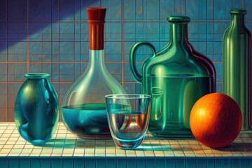 An artistic still life featuring a collection of glass vessels and objects on a tiled surface.  
