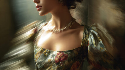 A high-end fashion photograph of a woman in a 15th-century Florence silk dress, captured with a long exposure shutter drag technique that creates a realistic motion blur glitch effect, soft warm light