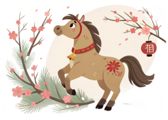 Adorable Rearing Horse with Fu Bell Cherry Blossom Lantern Chinese horse, rearing, cute, kawaii, cherryblossom, lantern, 福, bell, red, collar, flower, spring, blossom, pink, chinese, zodiac