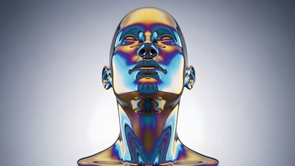 Chrome metallic humanoid head sculpture with rainbow iridescent reflections futuristic AI technology concept