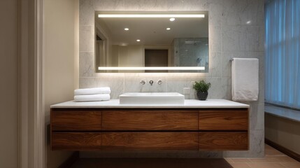 Modern bathroom with a large mirror above the sink. the mirror is rectangular in shape and has a white frame with a light grey marble finish.