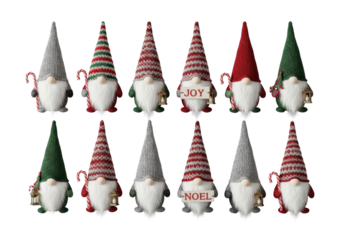 twelve detailed scandinavian christmas gnomes (nisser/gonks) with red/green knitted hats and faux fur beards, holding candy canes and signs, flat lay on a transparent studio surface. commercial