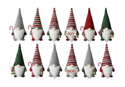 twelve detailed scandinavian christmas gnomes (nisser/gonks) with red/green knitted hats and faux fur beards, holding candy canes and signs, flat lay on a transparent studio surface. commercial
