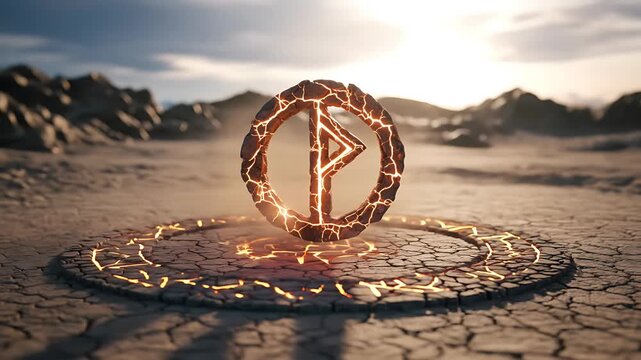 Runestone Awakening: Mystical Symbol in Arid Landscape