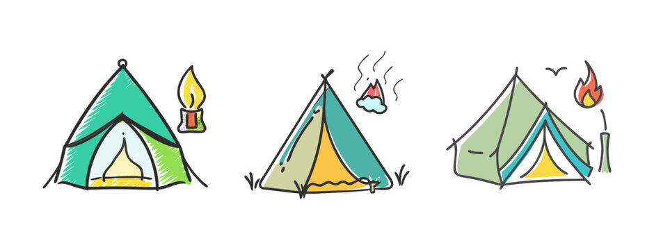 Hand-drawn camping tent icons with campfire and lantern, outdoor adventure