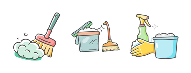Cleaning supplies including brooms, buckets, and spray bottles with soap bubbles © SulaimanIslam