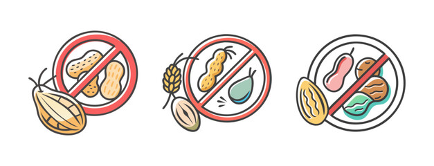 Food allergen icons: peanuts, soy, nuts, and wheat with prohibition signs.