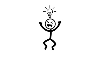 Minimalist stick figure character with an illuminating lightbulb above head, symbolizing a sudden creative breakthrough, brilliant idea, and moment of inspiration or innovation