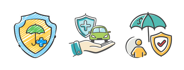 Insurance icons with shield, car, umbrella, and medical cross for protection