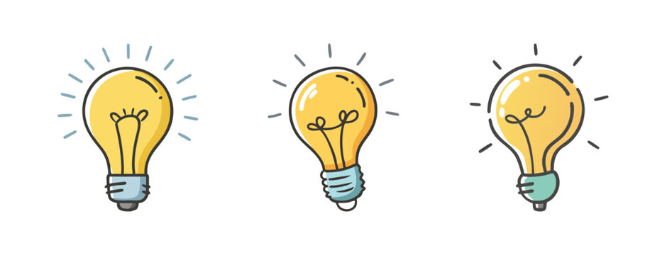 Set of three glowing light bulb icons symbolizing ideas.