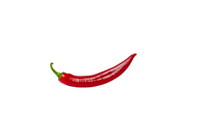 A single red chili pepper curves slightly with a green stem visible on the upper left side of the pepper white background cutout