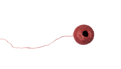 A single red round object attached to a thin curved white line extending across the frame from left to right isolated on white