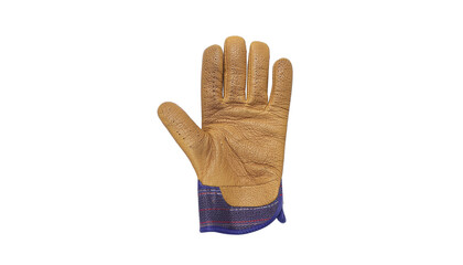 A single tan leather work glove with a dark blue cuff is presented on a plain white background cutout on alpha channel