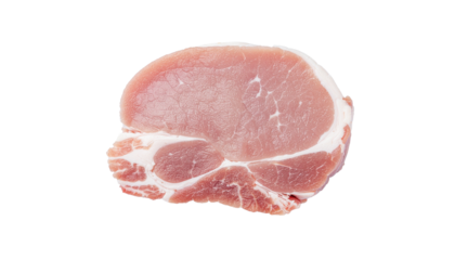 A single raw pork chop cutlet with visible fat marbling, pink and white in color, isolated on a neutral background with png background