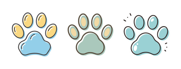 Paw print icons, cute animal footprints in various colors and styles © SulaimanIslam