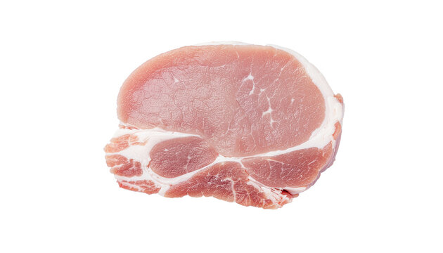 A single raw pork chop cutlet with visible fat marbling, pink and white in color, isolated on a neutral background with png background