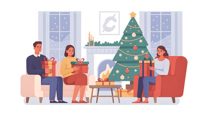Warm cozy Christmas living room illustration, modern flat vector style, family sitting on armchairs exchanging red gift boxes