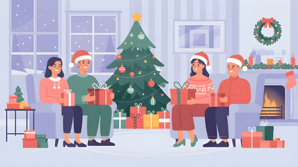 Warm cozy Christmas living room illustration, modern flat vector style, family sitting on armchairs exchanging red gift boxes