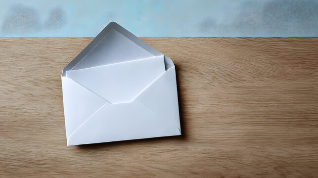 The Revealing Correspondence: An open envelope reveals a blank letter on a wooden table, symbolizing communication, secrets and anticipation. 