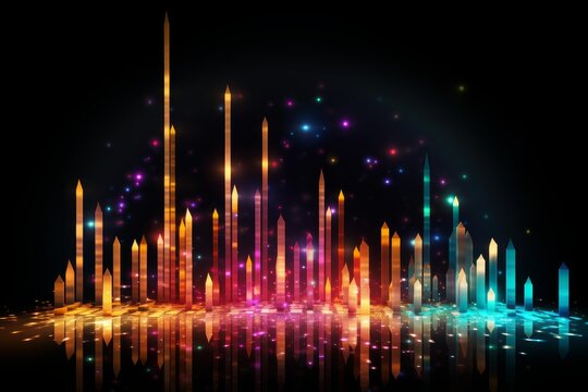 Abstract cityscape generating a sound wave equalizer display with bright colorful neon glow and reflection - Powered by Adobe