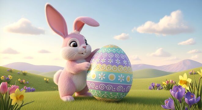 Easter Bunny Hugging Decorated Egg in Spring Landscape.
