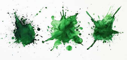 A triptych of abstract digital art featuring bright green ink splashes, creating a fresh, lively, and dynamic visual effect