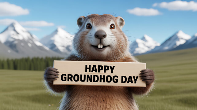 3d groundhog character holding a happy groundhog day sign in a scenic mountain landscape with a cheerful expression with cheerful groundhog and groundhog holding sign