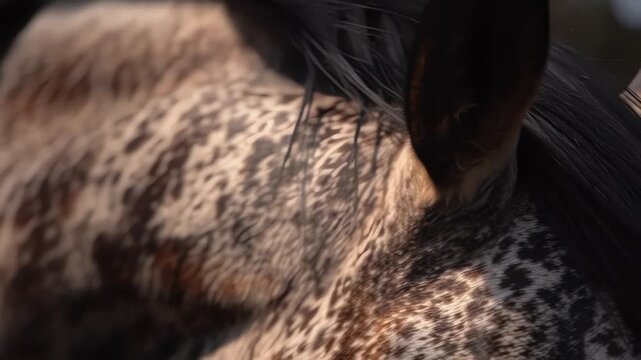 Close-up of a Speckled Horse's Fur and Ear in Sunlight