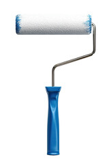 Obraz premium A paint roller, white with a hint of blue, has a metallic handle that connects to a blue grip