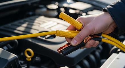 Close-up of a hand holding yellow jumper cable in front of engine. Represents vehicle maintenance, repair, or emergency situations