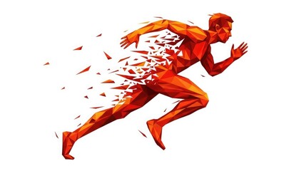 A male runner in motion, dissipating into fragments, captured from a side viewpoint