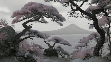 A realistic infrared photograph of a Japanese coastal landscape with twisted pine trees and a distant mountain, rendered in the pink and white tones of Aerochrome film, mimicking the composition of a 